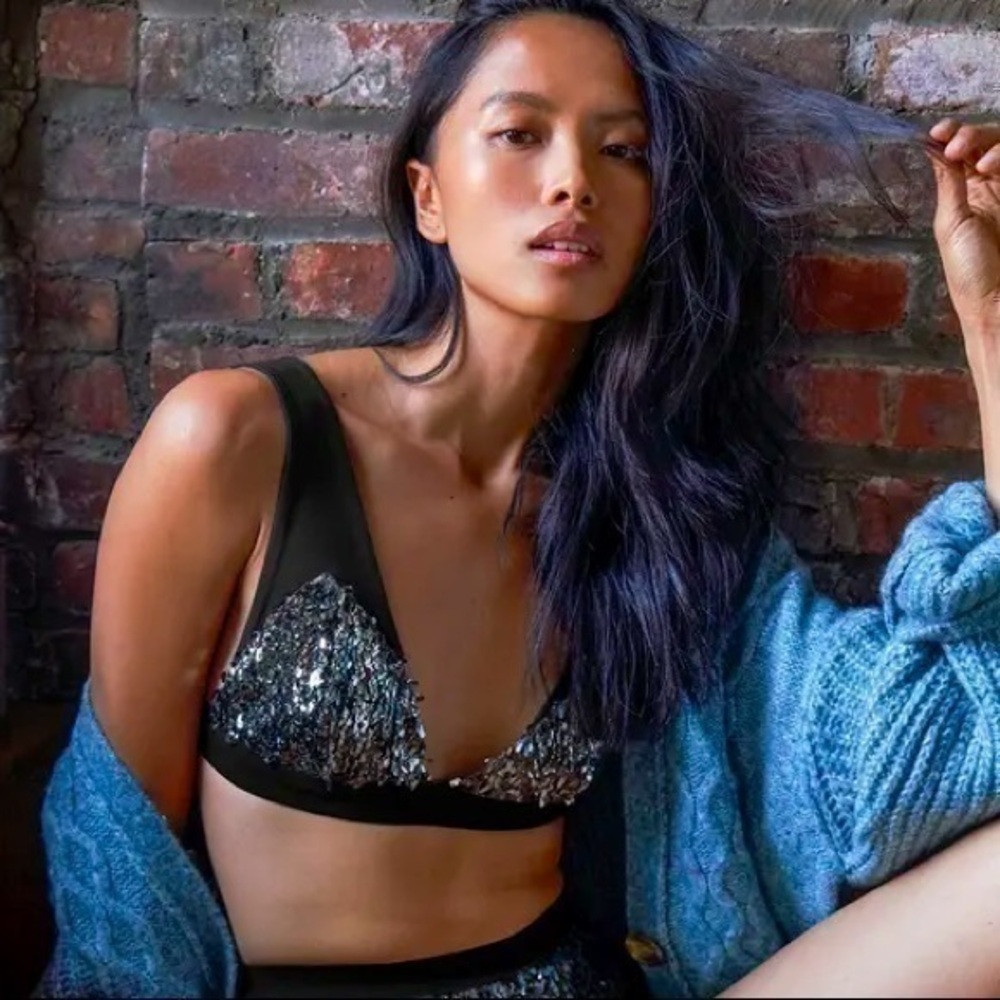 Free People Glitter Sequin Let It Shine Pewter Sparkle Bralette Shimmer Bra Top
